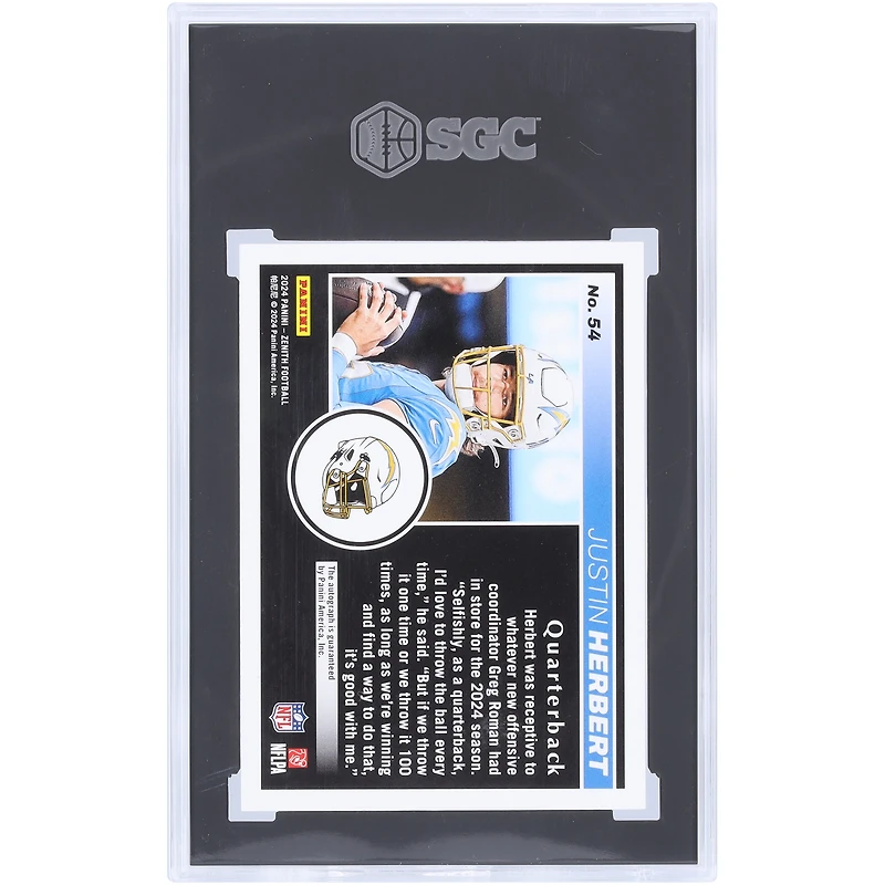 Justin Herbert Los Angeles Chargers Autographed 2024 Panini Zenith No Huddle #54 SGC Authenticated 9/10 Card