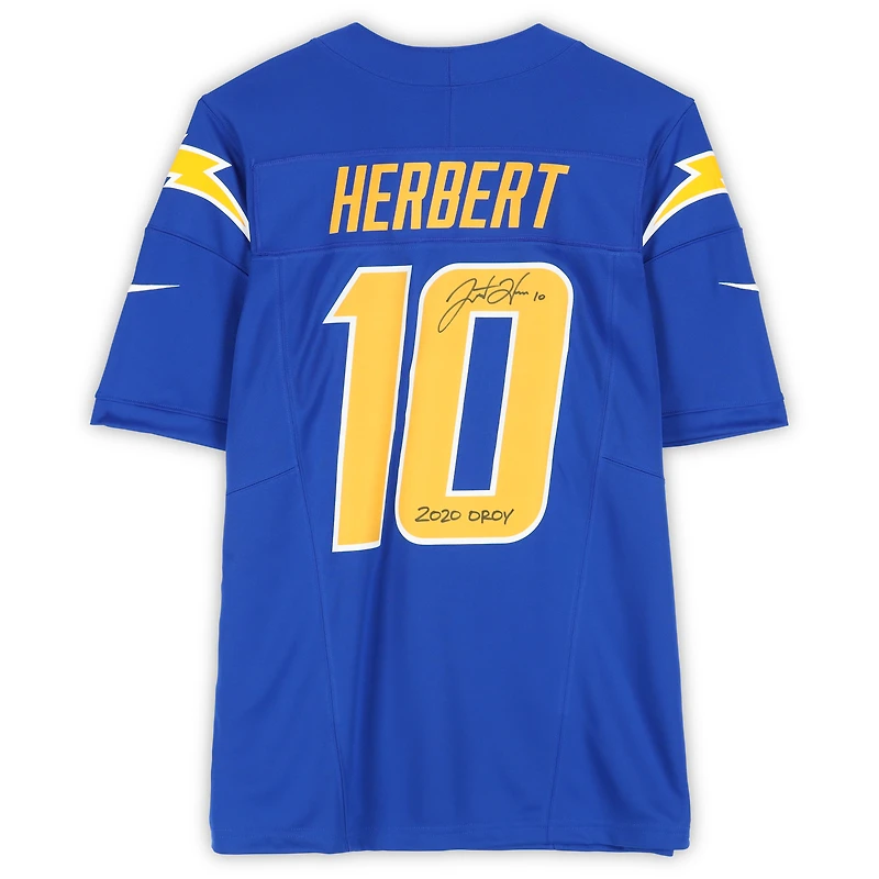 Justin Herbert Los Angeles Chargers Autographed Nike Royal Vapor F.U.S.E. Limited Jersey with "2020 OROY" Inscription 