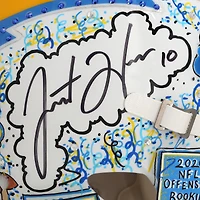 Justin Herbert Los Angeles Chargers Autographed Riddell Speed Authentic Helmet - Art by Charles Fazzino - WN55916220