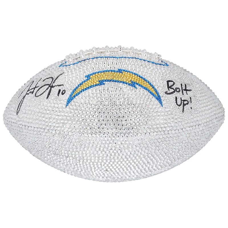 Justin Herbert Los Angeles Chargers Autographed Swarovski Crystal White Panel Football with "Bolt Up" Inscription - Art by Rock On Sports