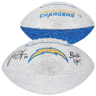 Justin Herbert Los Angeles Chargers Autographed Swarovski Crystal White Panel Football with "Bolt Up" Inscription - Art by Rock On Sports