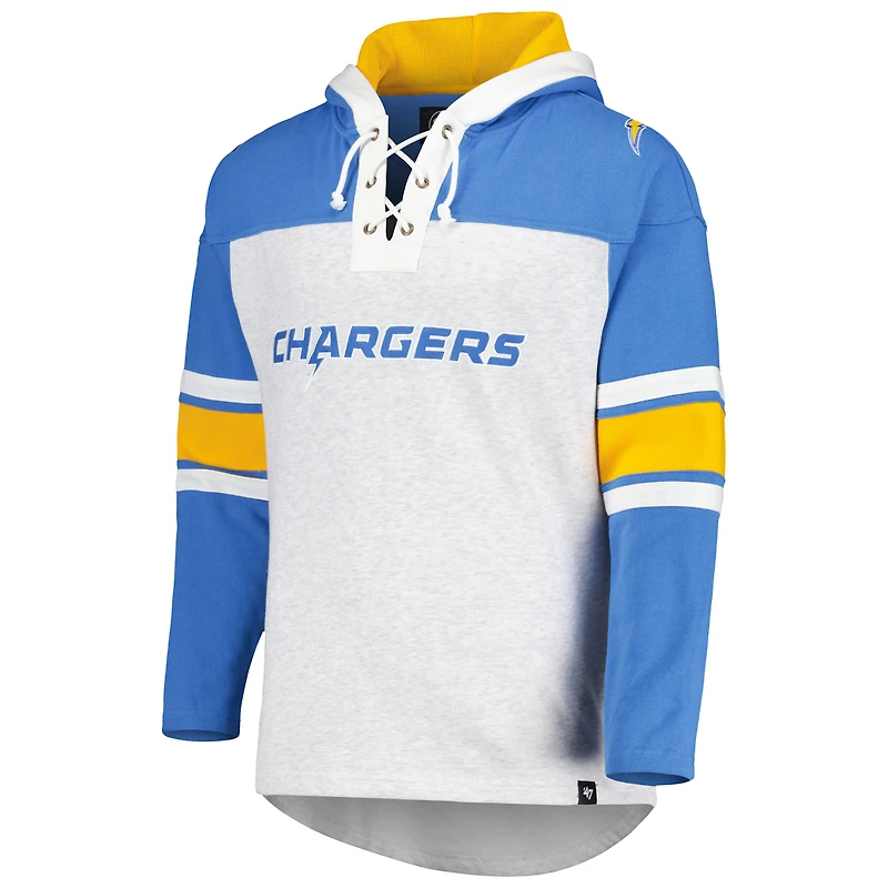 Men's '47 Los Angeles Chargers Heather Gray Gridiron Lace-Up Pullover Hoodie