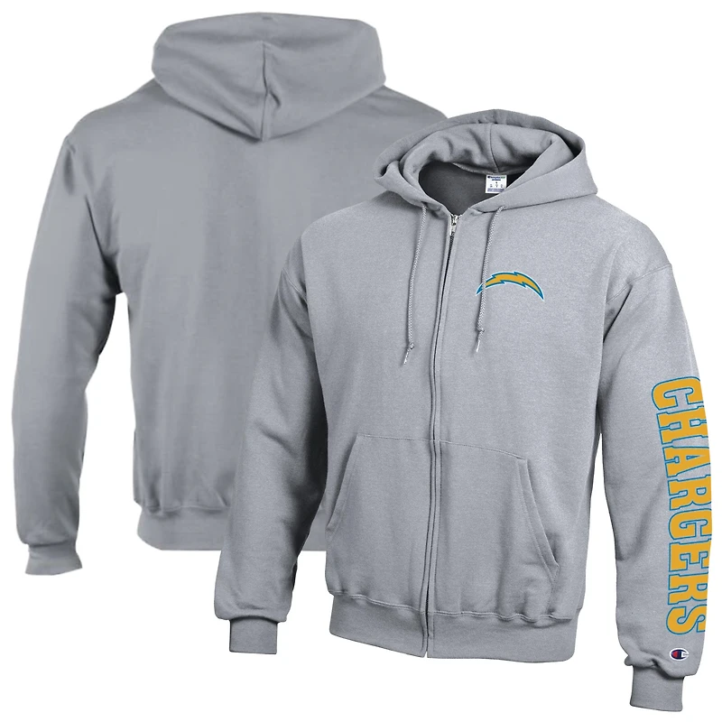 Men's Champion Heather Gray Los Angeles Chargers Powerblend Fleece Full-Zip Hoodie