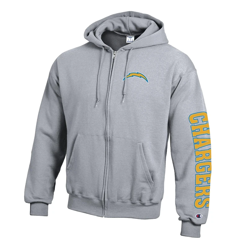 Men's Champion Heather Gray Los Angeles Chargers Powerblend Fleece Full-Zip Hoodie