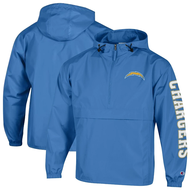 Men's Champion Powder Blue Los Angeles Chargers Packable Hooded Windbreaker Half-Zip Jacket
