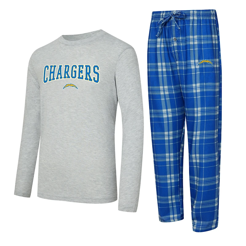 Ensemble t-shirt à manches longues et pantalon carreaux Los Angeles Chargers, bleu poudré/gris chiné, de la marque Concepts Sport.