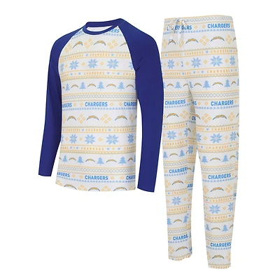 Ensemble de nuit pour homme Concepts Sport blanc/bleu poudre Los Angeles Chargers avec haut à manches longues raglan et pantalon