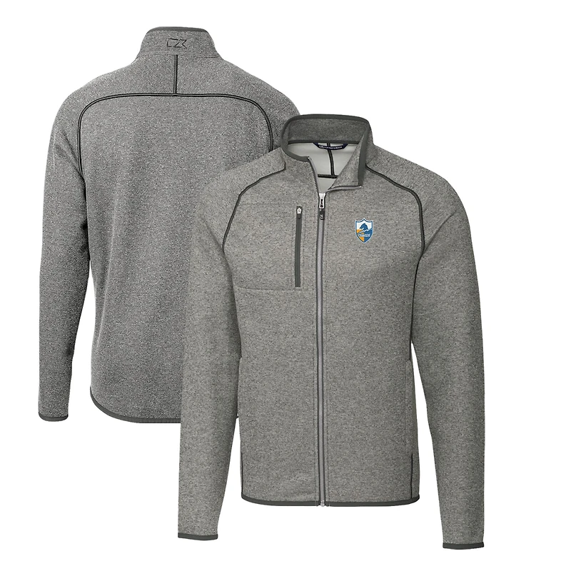 Men's Cutter & Buck Heather Gray Los Angeles Chargers Throwback Logo Mainsail Sweater-Knit Big Tall Full-Zip Pullover Jacket