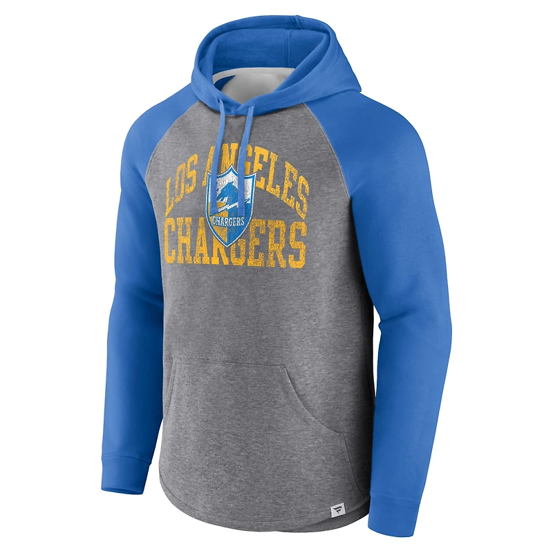 Sweat à capuche enfiler Arch Raglan préféré des Chargers de Los Angeles gris chiné Fanatics pour hommes