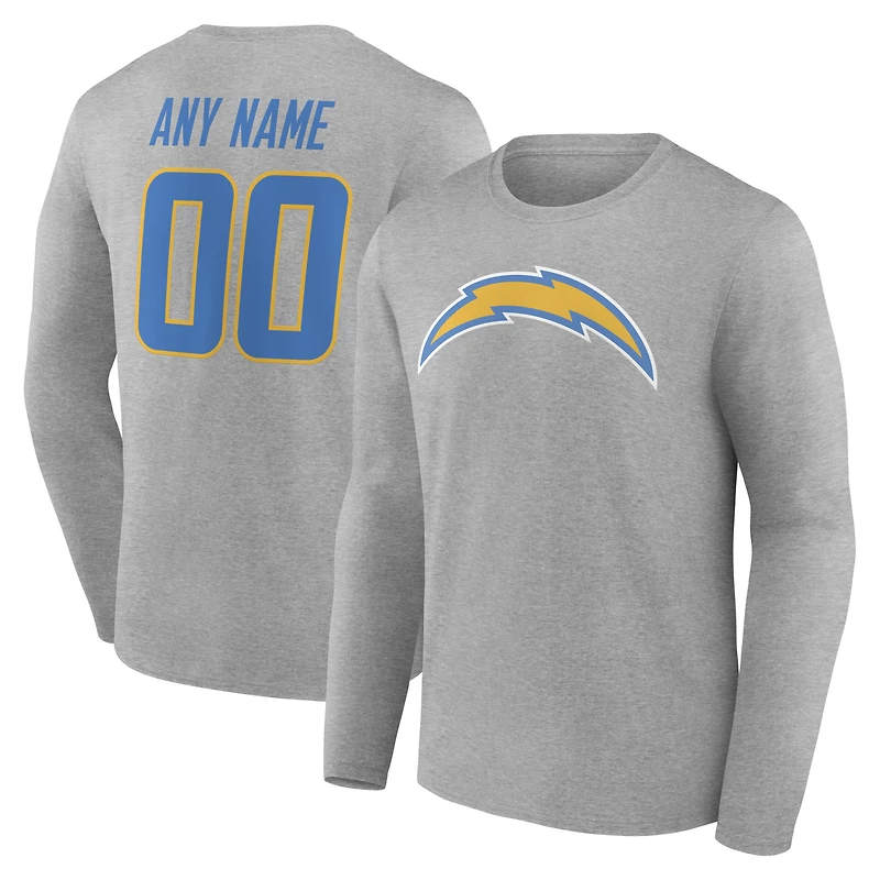 T-shirt à manches longues gris pour homme, authentique et personnalisé avec nom numéro des Los Angeles Chargers