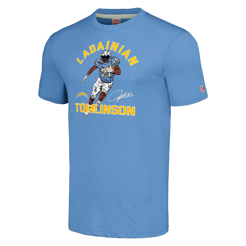 T-shirt triple mélange hommage à LaDainian Tomlinson pour hommes, bleu poudre chiné, caricature des Chargers de Los Angeles, joueur retraité
