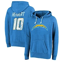 Majestic Threads Justin Herbert pour hommes, bleu poudre, Los Angeles Chargers, nom et numéro, pull à capuche tri-mélange