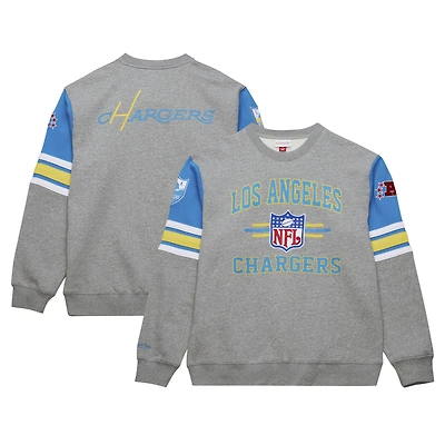 Men's Mitchell & Ness Heather Gray Los Angeles Chargers All Over 4.0 Vintage Logo Pullover Sweatshirt