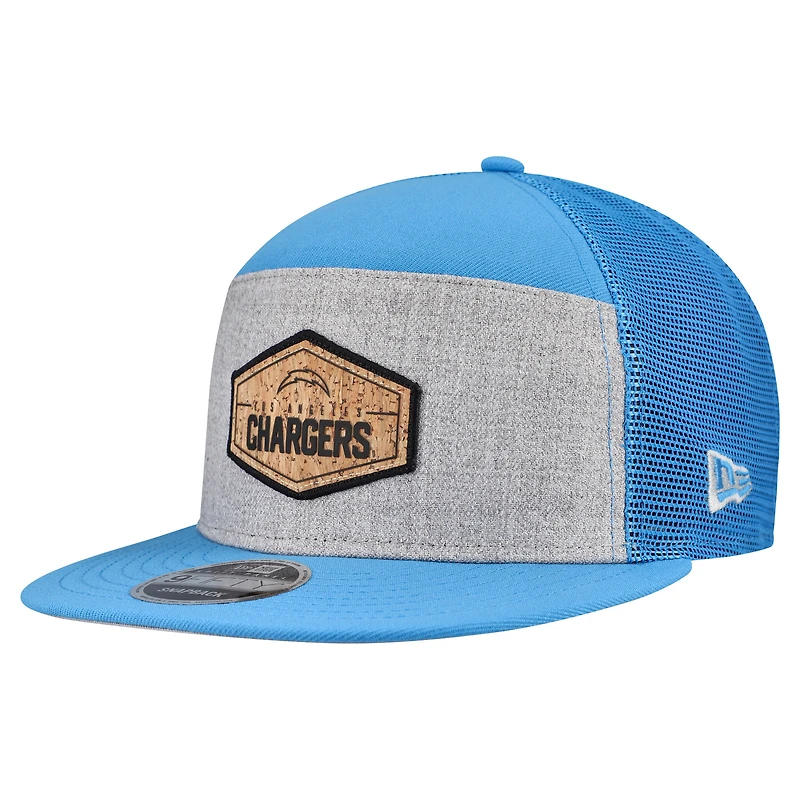 Men's New Era Gray/Powder Blue Los Angeles Chargers Cork Split Panel 9FIFTY Trucker Snapback Hat
