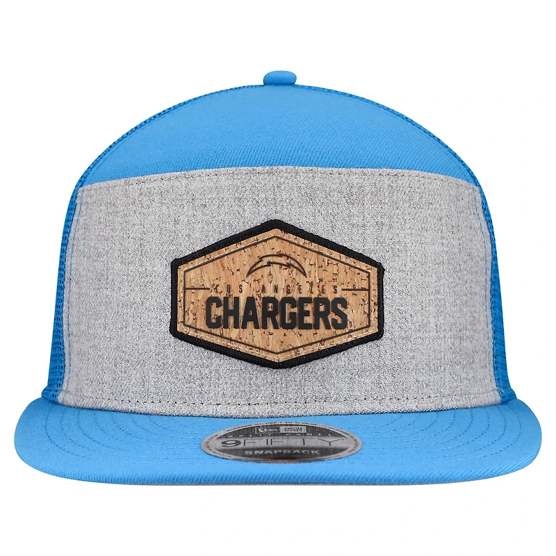 Men's New Era Gray/Powder Blue Los Angeles Chargers Cork Split Panel 9FIFTY Trucker Snapback Hat