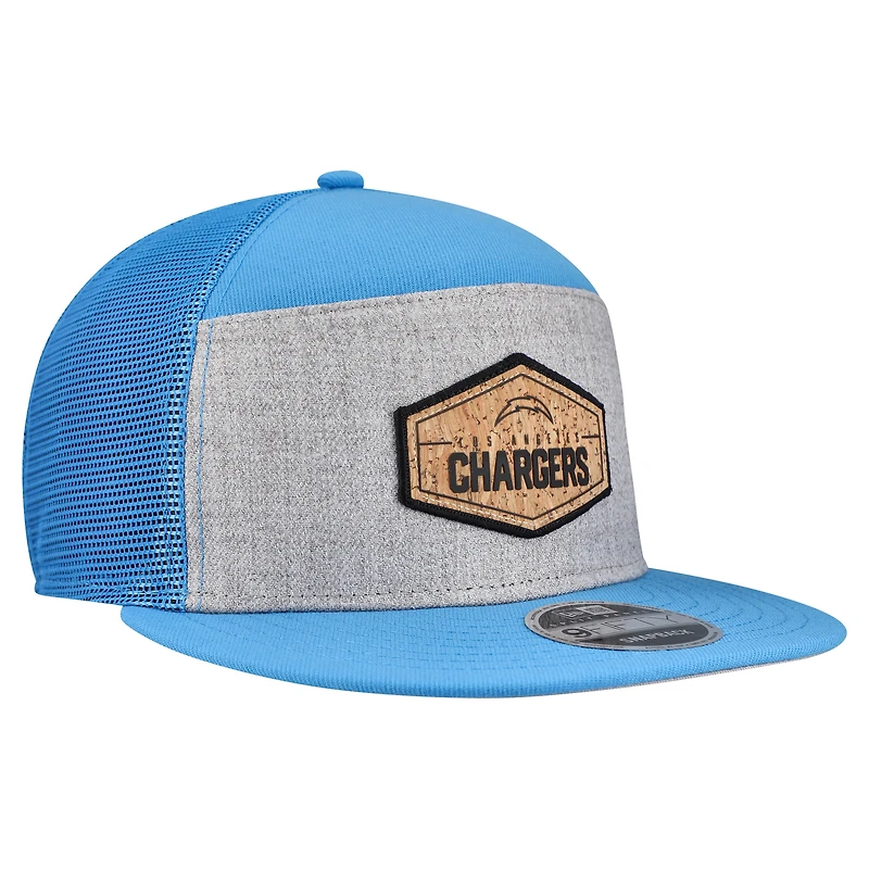 Men's New Era Gray/Powder Blue Los Angeles Chargers Cork Split Panel 9FIFTY Trucker Snapback Hat