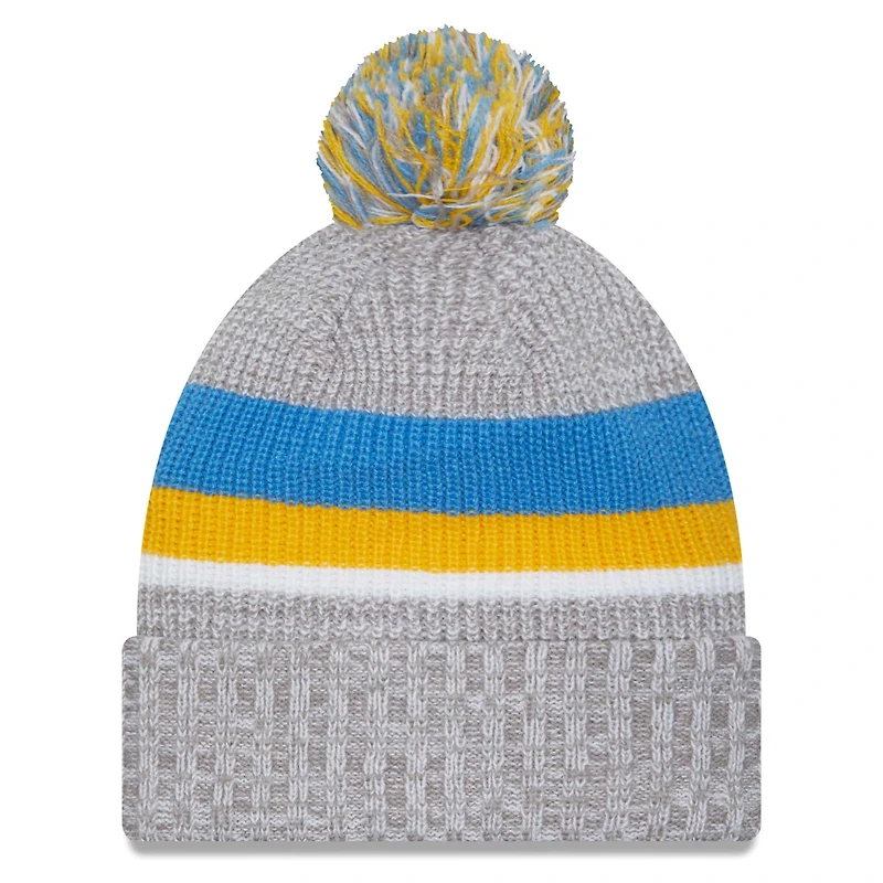 Bonnet en tricot à revers des Chargers de Los Angeles New Era gris chiné pour hommes avec pompon