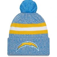 Bonnet en tricot à revers Sideline des Chargers de Los Angeles 2023 New Era bleu poudré pour homme avec pompon