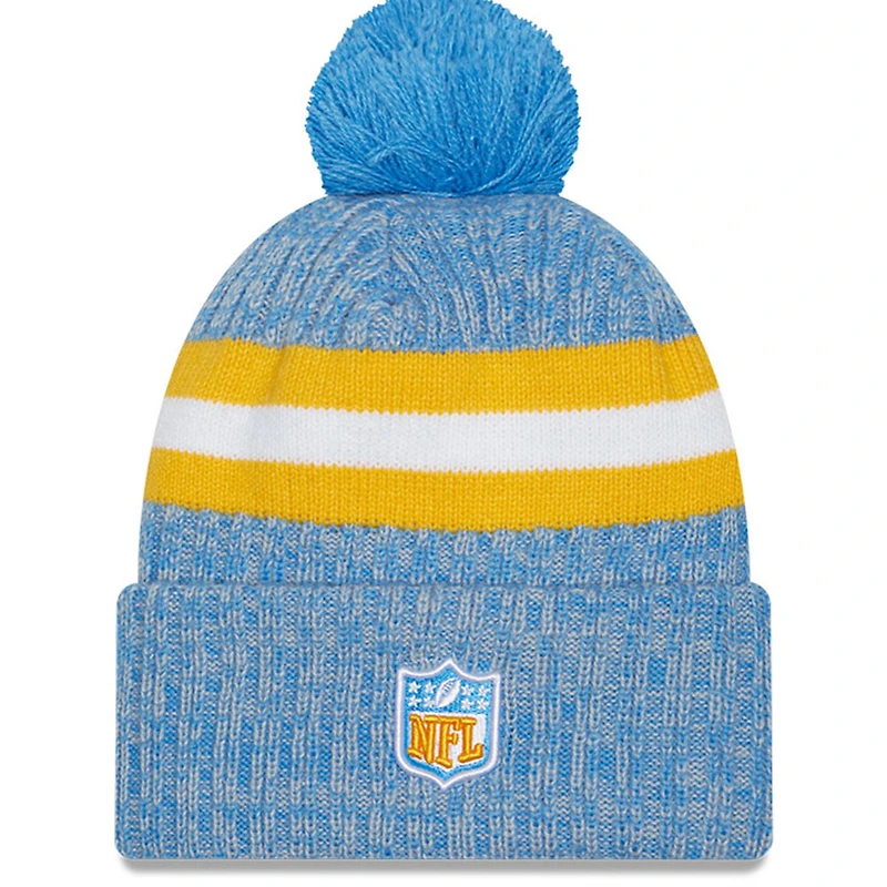 Bonnet en tricot à revers Sideline des Chargers de Los Angeles 2023 New Era bleu poudré pour homme avec pompon
