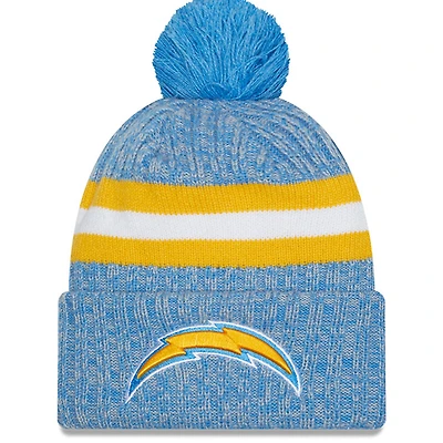 Bonnet en tricot à revers Sideline des Chargers de Los Angeles 2023 New Era bleu poudré pour homme avec pompon