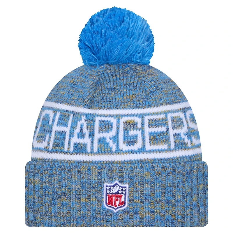 Bonnet d'hiver New Era bleu poudré pour homme, Los Angeles Chargers 2025, avec pompon et revers.
