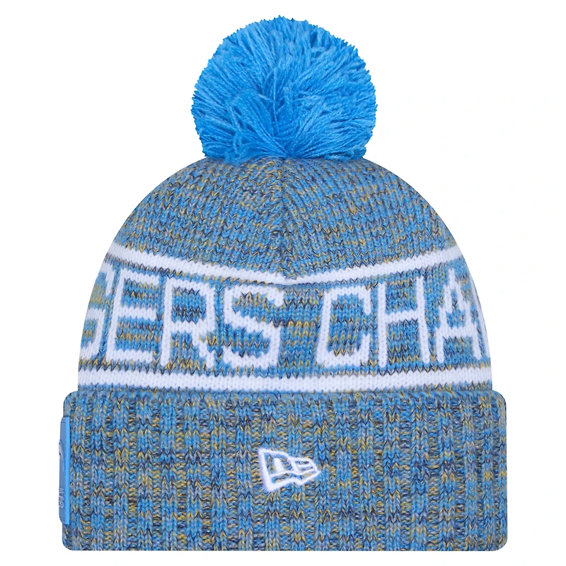 Bonnet d'hiver New Era bleu poudré pour homme, Los Angeles Chargers 2025, avec pompon et revers.