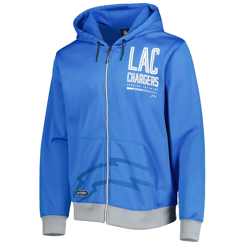 Sweat à capuche et zip intégral Los Angeles Chargers Combine New Era bleu poudré pour homme
