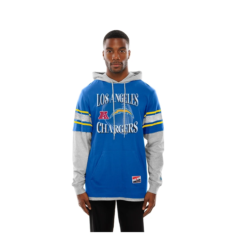 Men's New Era Powder Blue Los Angeles Chargers Twofer Layered Long Sleeve Hoodie T-Shirt