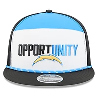 Casquette snapback New Era 9FIFTY pour homme, blanche et noire, Los Angeles Chargers 2025 Inspire Change, à panneaux séparés.
