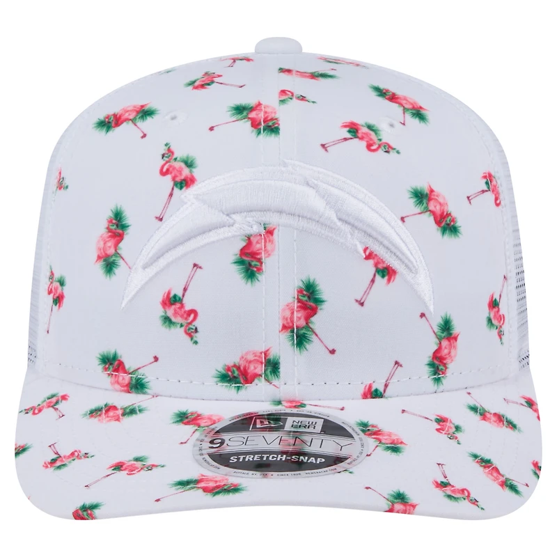 Casquette extensible à bouton-pression New Era blanche pour homme, motif flamant rose, Los Angeles Chargers, 9SEVENTY