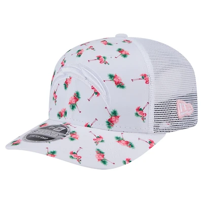 Casquette extensible à bouton-pression New Era blanche pour homme, motif flamant rose, Los Angeles Chargers, 9SEVENTY