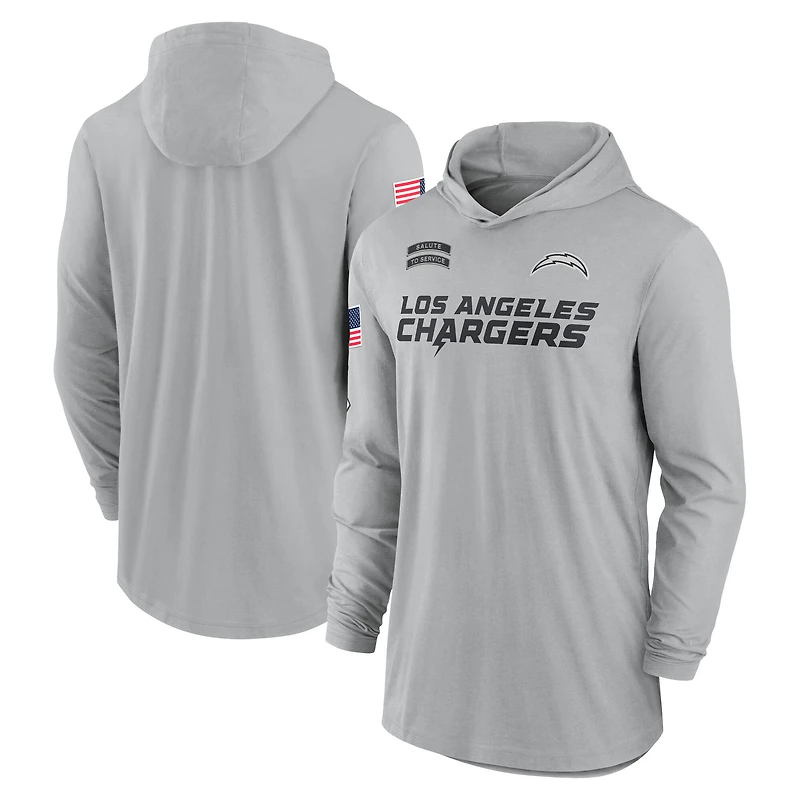 Sweat à capuche léger manches longues et Nike gris Los Angeles Chargers 2024 Salute to Service pour homme