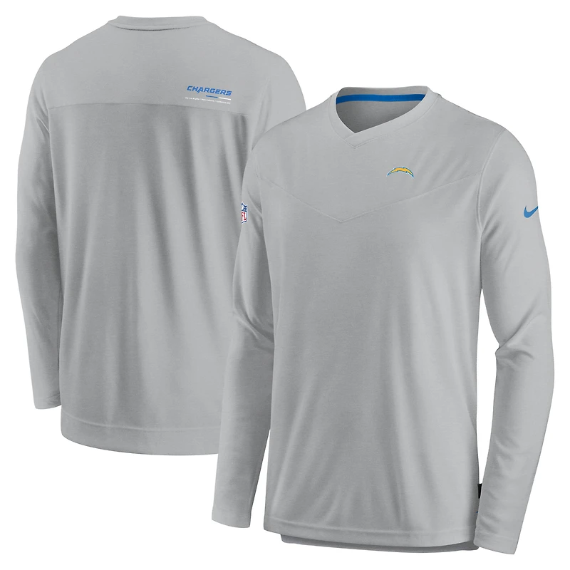 T-shirt de performance à manches longues et col en V Nike Los Angeles Chargers Sideline Coach Chevron Lock Up pour homme, gris
