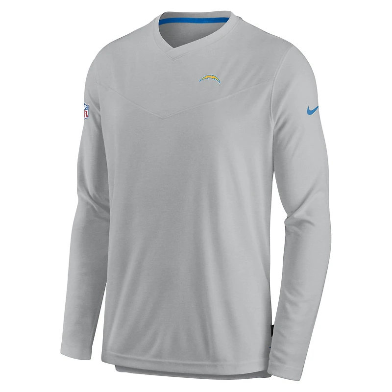 T-shirt de performance à manches longues et col en V Nike Los Angeles Chargers Sideline Coach Chevron Lock Up pour homme, gris