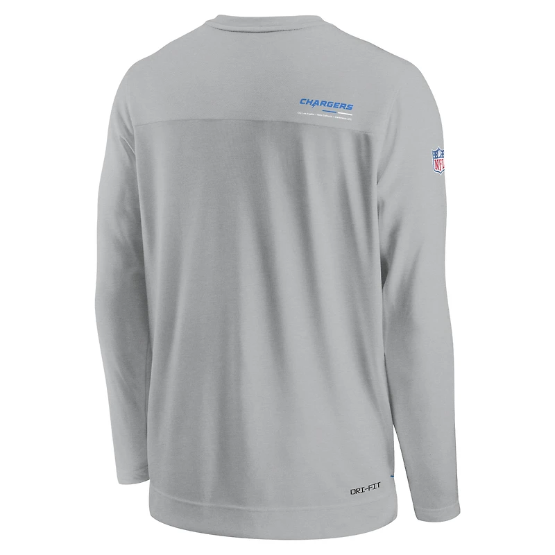 T-shirt de performance à manches longues et col en V Nike Los Angeles Chargers Sideline Coach Chevron Lock Up pour homme, gris