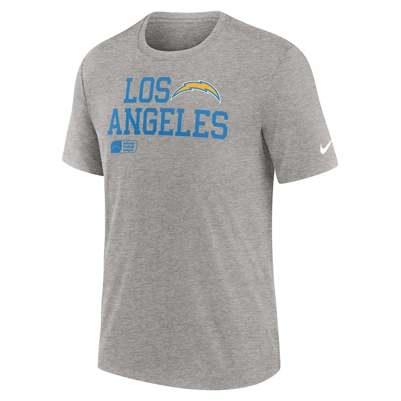T-shirt Nike Heather Grey Los Angeles Chargers Overlap Lockup Tri-Blend pour homme