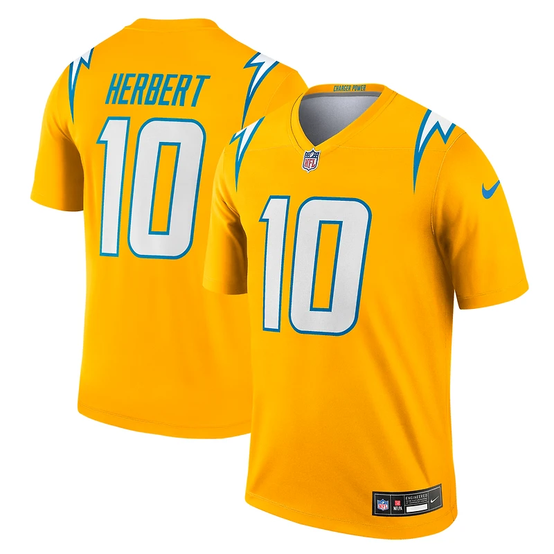 Haut Nike Justin Herbert Gold pour homme, joueur de performance Alternate Charger Power Legend des Los Angeles Chargers