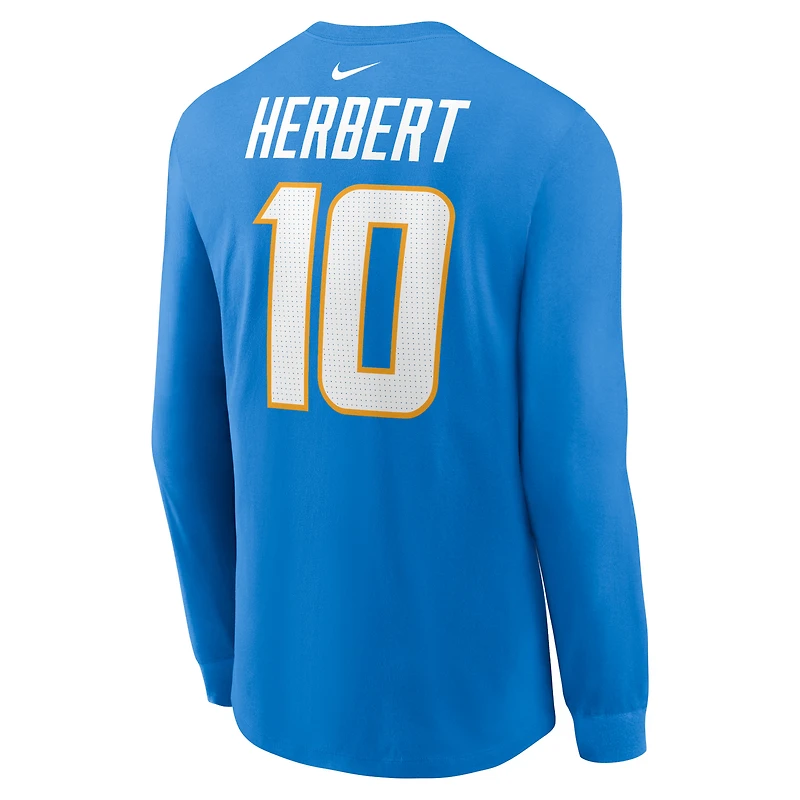 T-shirt à manches longues Nike Justin Herbert pour homme, bleu poudre, nom et numéro du joueur des Chargers de Los Angeles