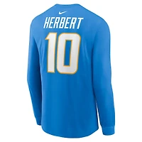 T-shirt à manches longues Nike Justin Herbert pour homme, bleu poudre, nom et numéro du joueur des Chargers de Los Angeles