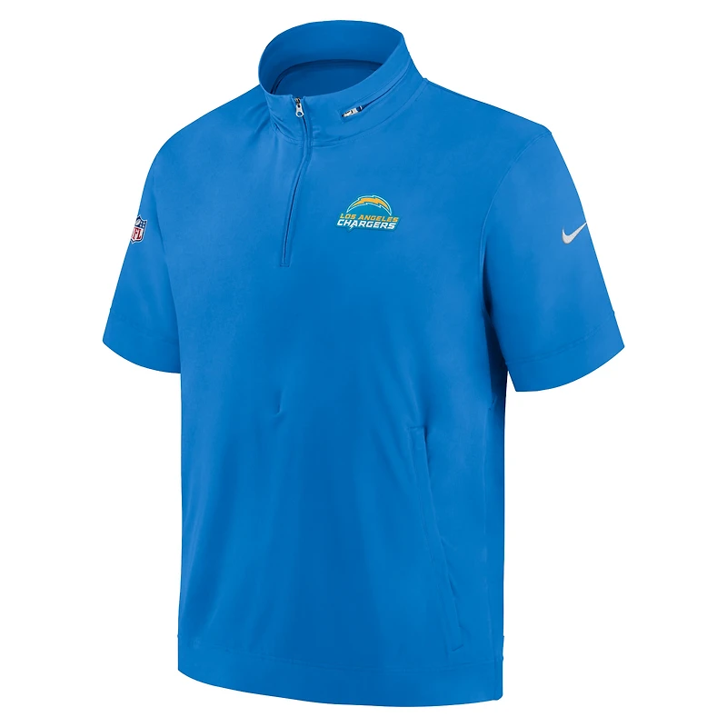 Veste à capuche manches courtes et fermeture glissière quart des Los Angeles Chargers Sideline Coach de Nike pour homme, bleu poudré