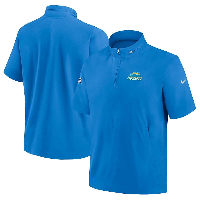 Veste à capuche manches courtes et fermeture glissière quart des Los Angeles Chargers Sideline Coach de Nike pour homme, bleu poudré