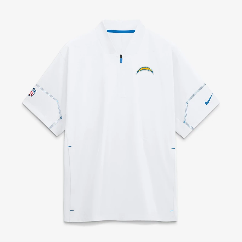 Veste d'entraîneur Nike blanche pour homme, Los Angeles Chargers, manches courtes, fermeture éclair au quart, modèle Sideline.