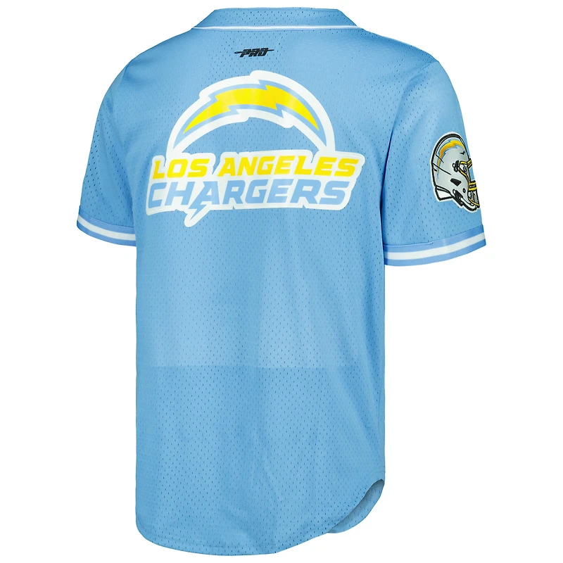 T-shirt boutonné de baseball en maille Pro Standard Justin Herbert pour hommes, bleu poudre, Los Angeles Chargers