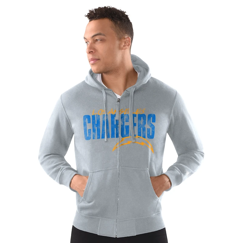 Sweat à capuche zippé classique vieilli gris chiné pour homme des Los Angeles Chargers