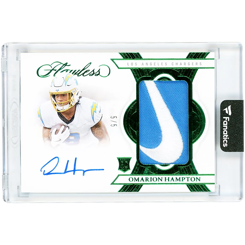 Omarion Hampton Los Angeles Chargers Autographed 2025 Panini Flawless Emerald Rookie Patch Nike Logo Dual-Color Relic #RPA-OHN #5/5 Rookie Card