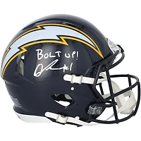 Casque Riddell Alternate Speed ​​Authentic 2025 autographié par Quentin Johnston des Los Angeles Chargers, avec inscription « Bolt Up! ».