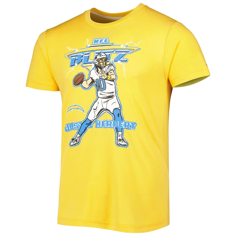 T-shirt unisexe Hommage à Justin Herbert, couleur or chiné, Los Angeles Chargers, joueur NFL Blitz, mélange de trois matières