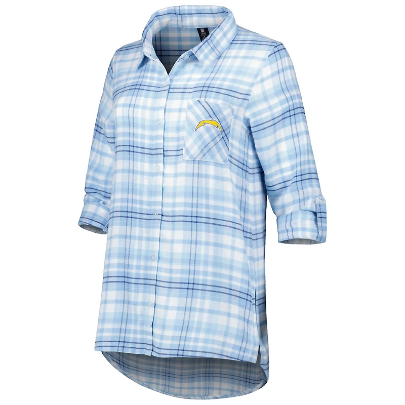 Chemise de nuit à manches longues et carreaux Los Angeles Chargers Mainstay pour femme Concepts Sport bleu poudré