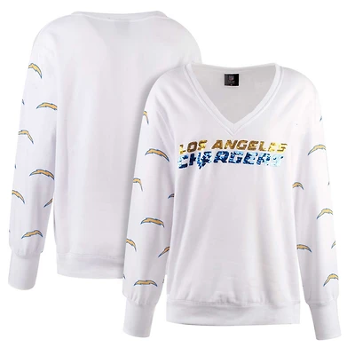 T-shirt blanc à col en V polaire sequins des Chargers de Los Angeles Cuce pour femmes