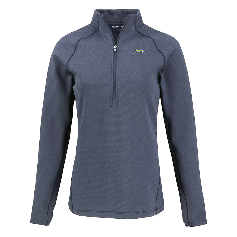 Women's Cutter & Buck Heather Navy Los Angeles Chargers  Peshastin Eco Fleece Recycled Tri-Blend Raglan Half-Zip Jacket